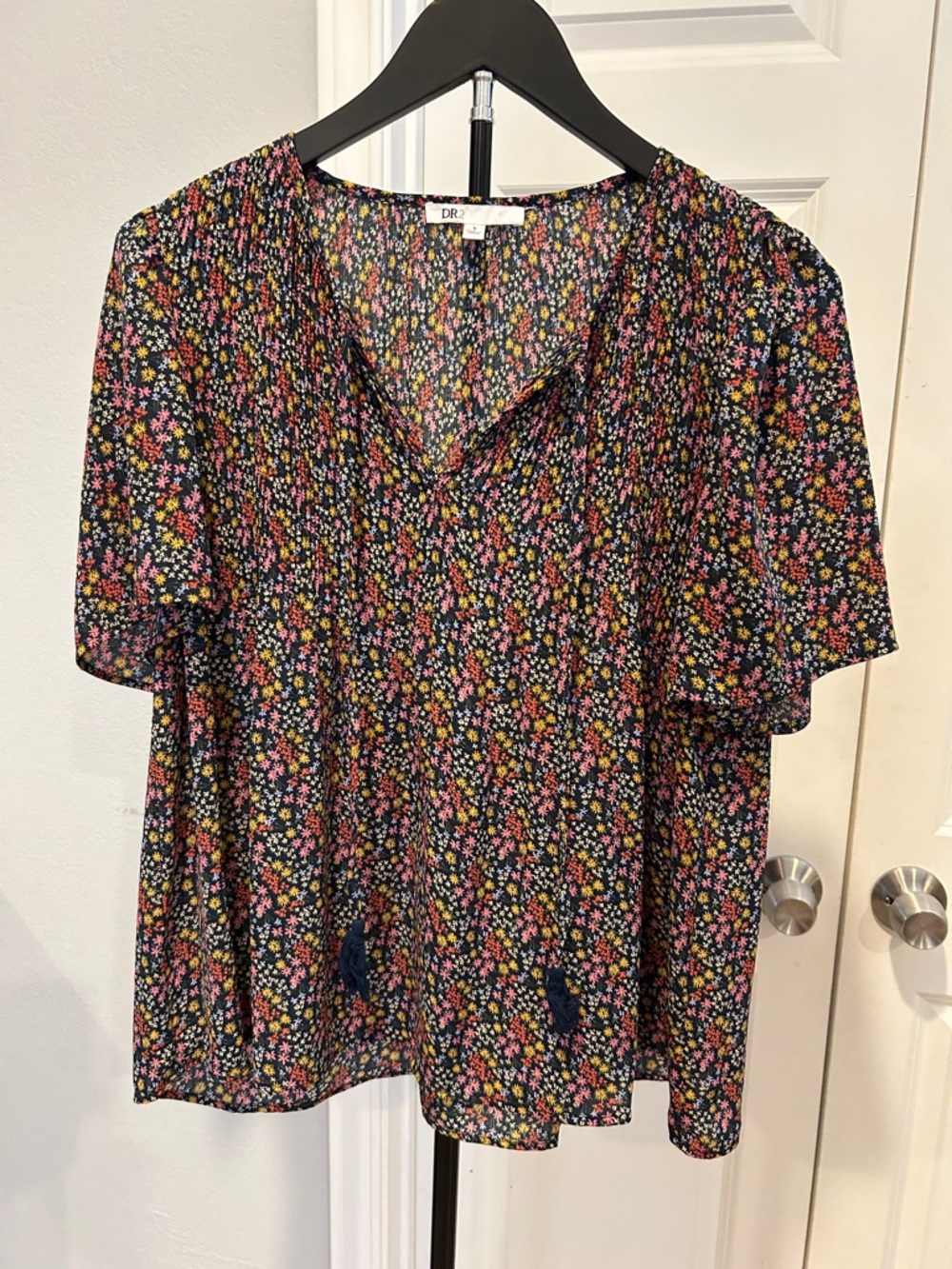 DR2 Black Floral V-Neck Short Sleeve Blouse with Pink & Yellow Ditsy Print